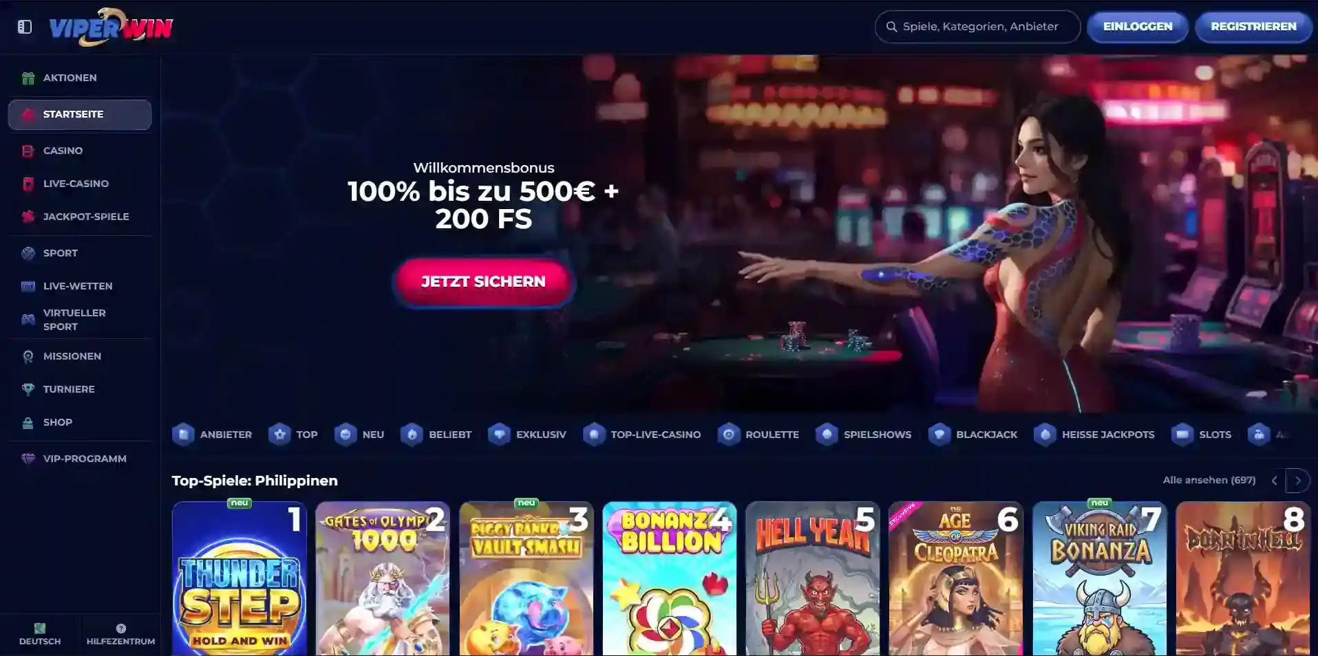 Deutschsprachige ViperWin-Startseite mit Casino, Live Casino und Sportwetten